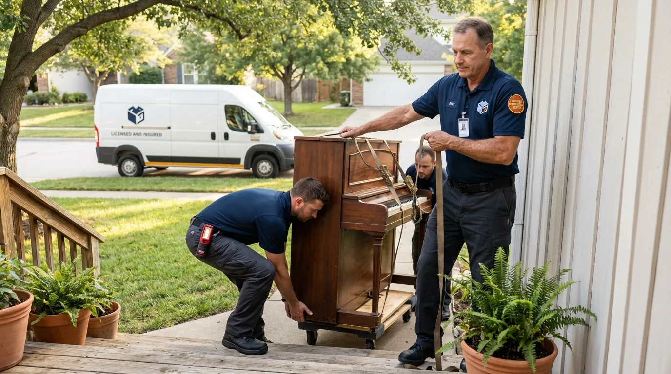 Licensed piano movers securing grand piano in Port Hueneme, CA