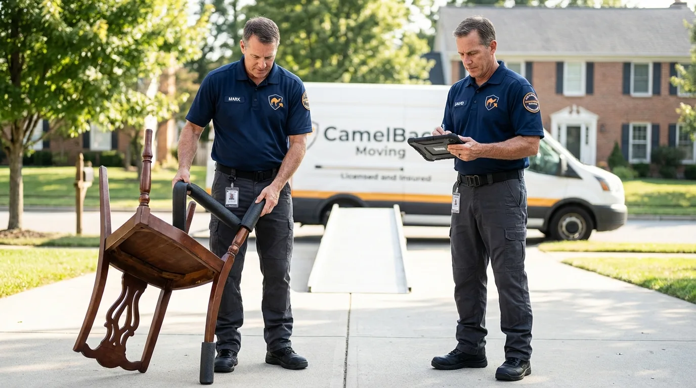 Movers inspecting furniture for damage prevention before loading in Port Hueneme, CA