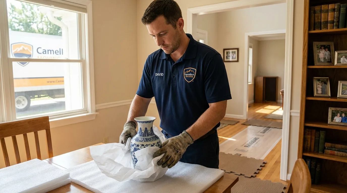 Professional crew carefully wrapping antique vase for senior downsizing move in Port Hueneme, CA
